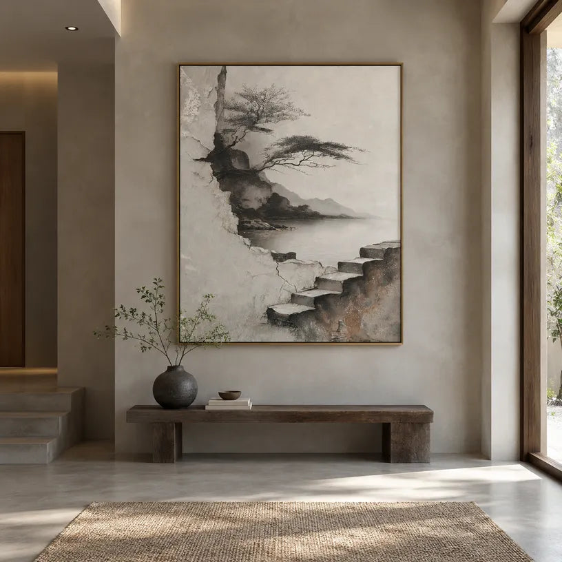 Wabi-Sabi abstract oil painting showing layered abstract marks, texture and expressive painterly movement in a grey palette.