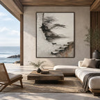 Wabi-Sabi abstract oil painting showing layered abstract marks, texture and expressive painterly movement in a grey palette.