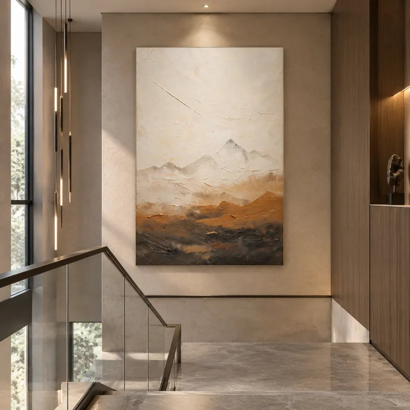 Wabi-Sabi abstract oil painting showing layered abstract marks, texture and expressive painterly movement in a beige palette.