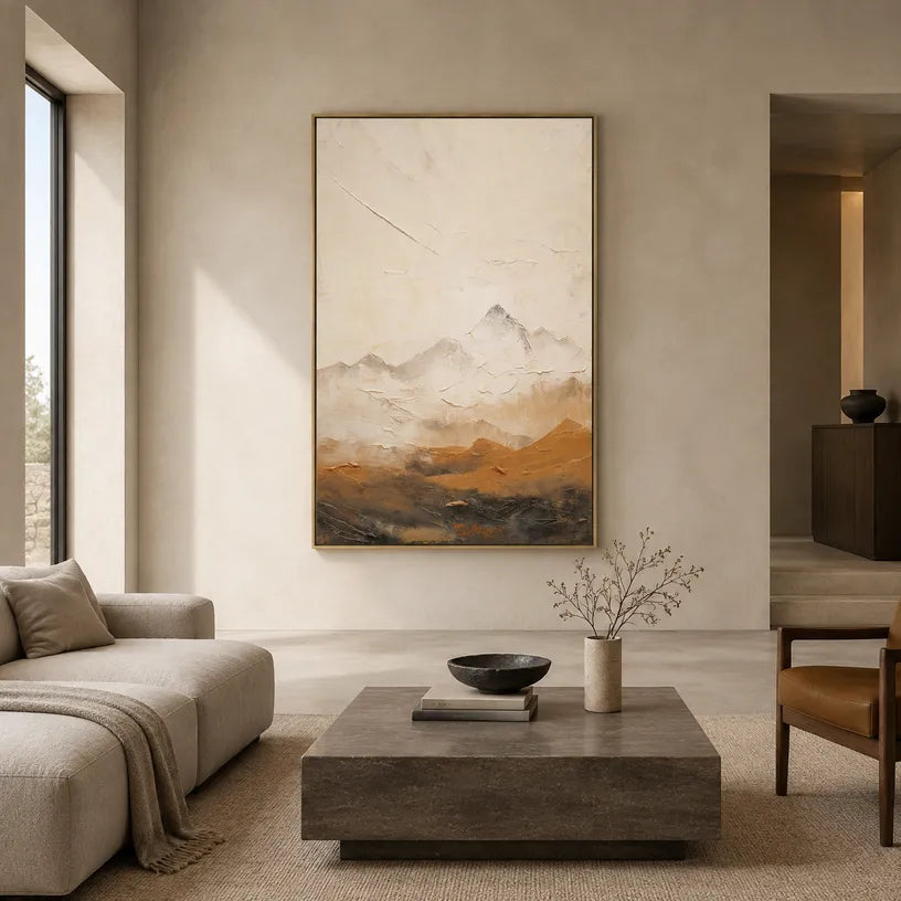 Wabi-Sabi abstract oil painting showing layered abstract marks, texture and expressive painterly movement in a beige palette.