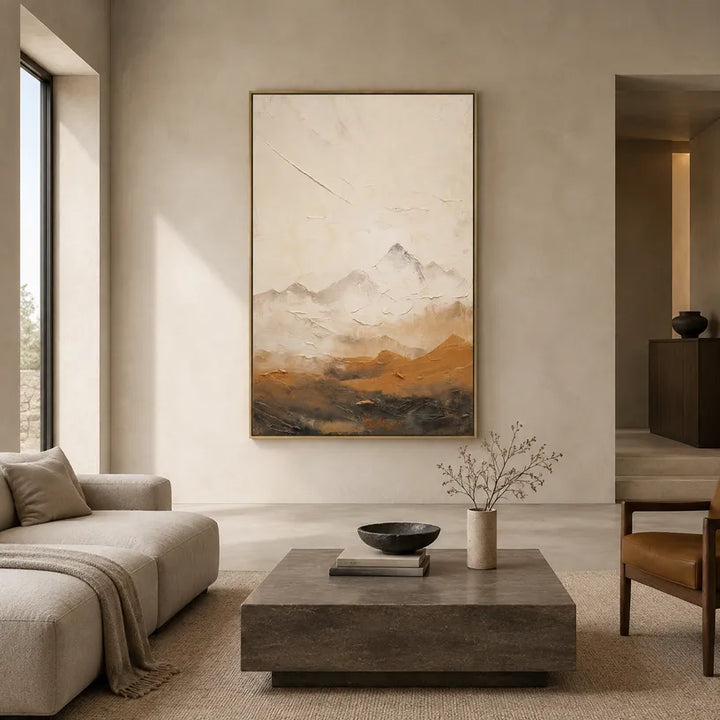 Dipinto a olio Wabi-Sabi con paesaggi, paesaggi marini e paesaggi urbani, caratterizzato da un paesaggio atmosferico, un paesaggio marino o una composizione ispirata alla città in una tavolozza beige.