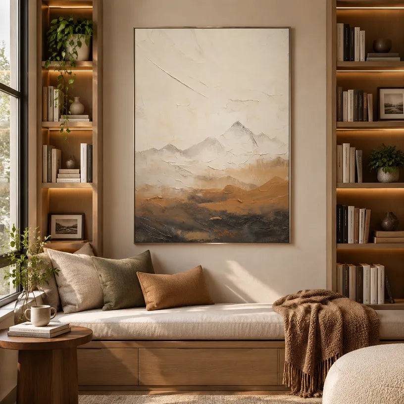 Wabi-Sabi abstract oil painting showing layered abstract marks, texture and expressive painterly movement in a beige palette.