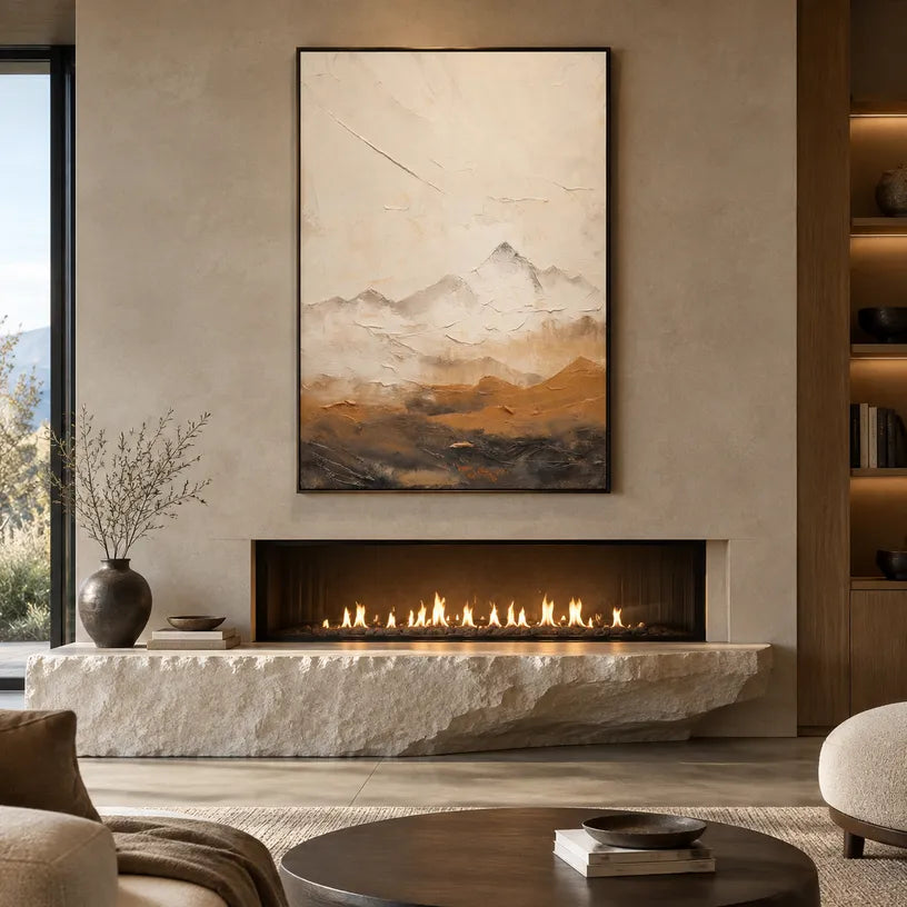 Wabi-Sabi abstract oil painting showing layered abstract marks, texture and expressive painterly movement in a beige palette.