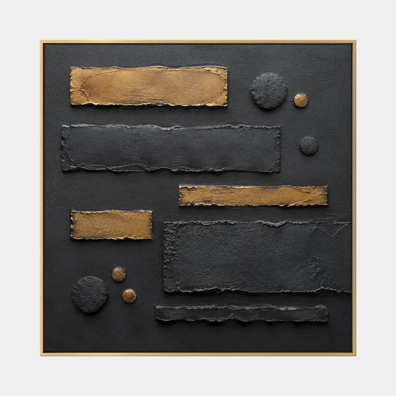 Wabi-Sabi abstract oil painting showing layered abstract marks, texture and expressive painterly movement in a black palette.