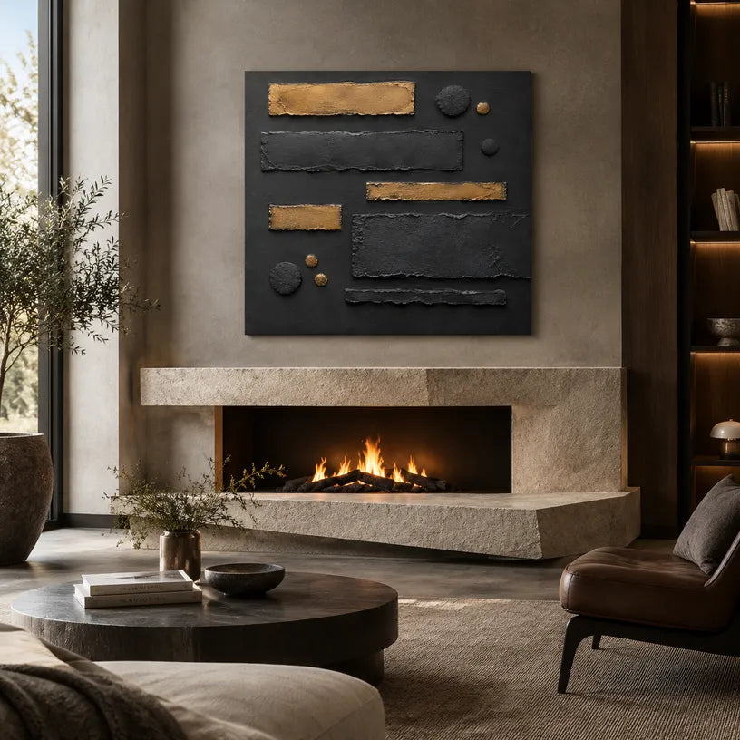 Wabi-Sabi abstract oil painting showing layered abstract marks, texture and expressive painterly movement in a black palette.