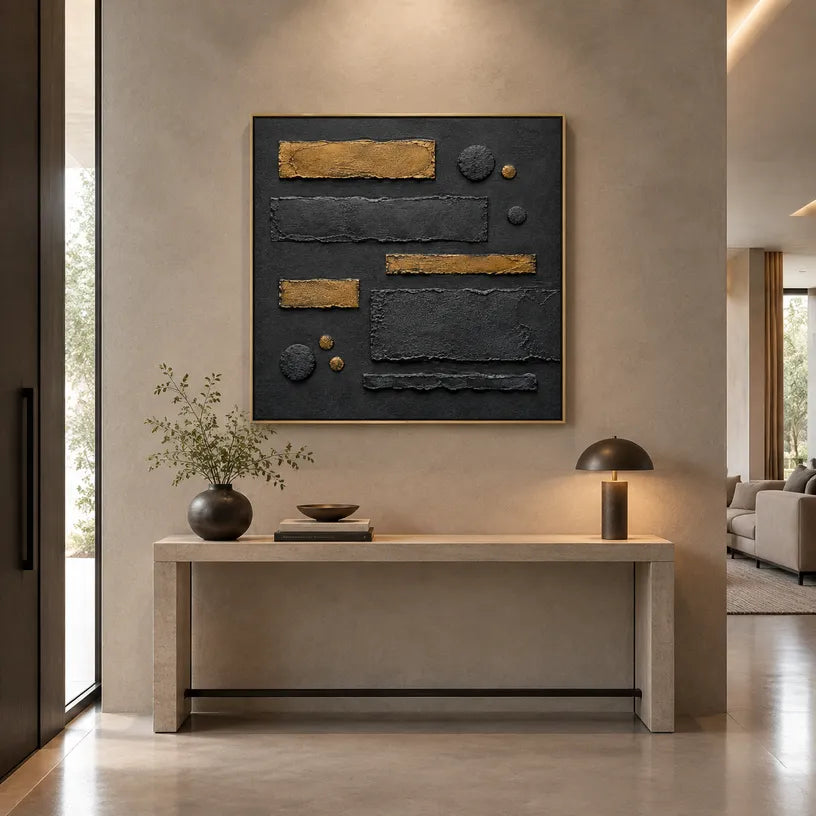 Wabi-Sabi abstract oil painting showing layered abstract marks, texture and expressive painterly movement in a black palette.