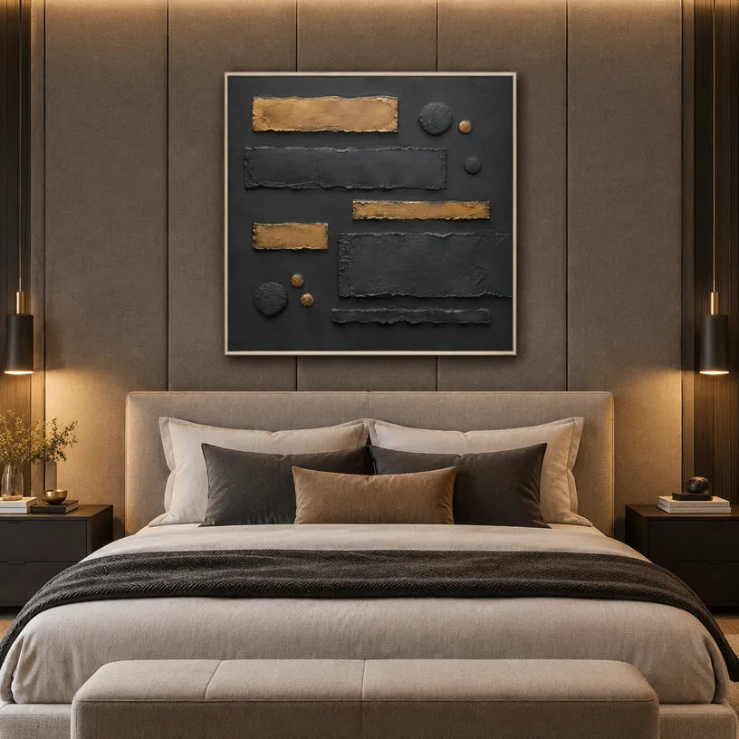 Wabi-Sabi abstract oil painting showing layered abstract marks, texture and expressive painterly movement in a black palette.
