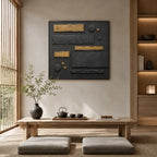 Wabi-Sabi abstract oil painting showing layered abstract marks, texture and expressive painterly movement in a black palette.