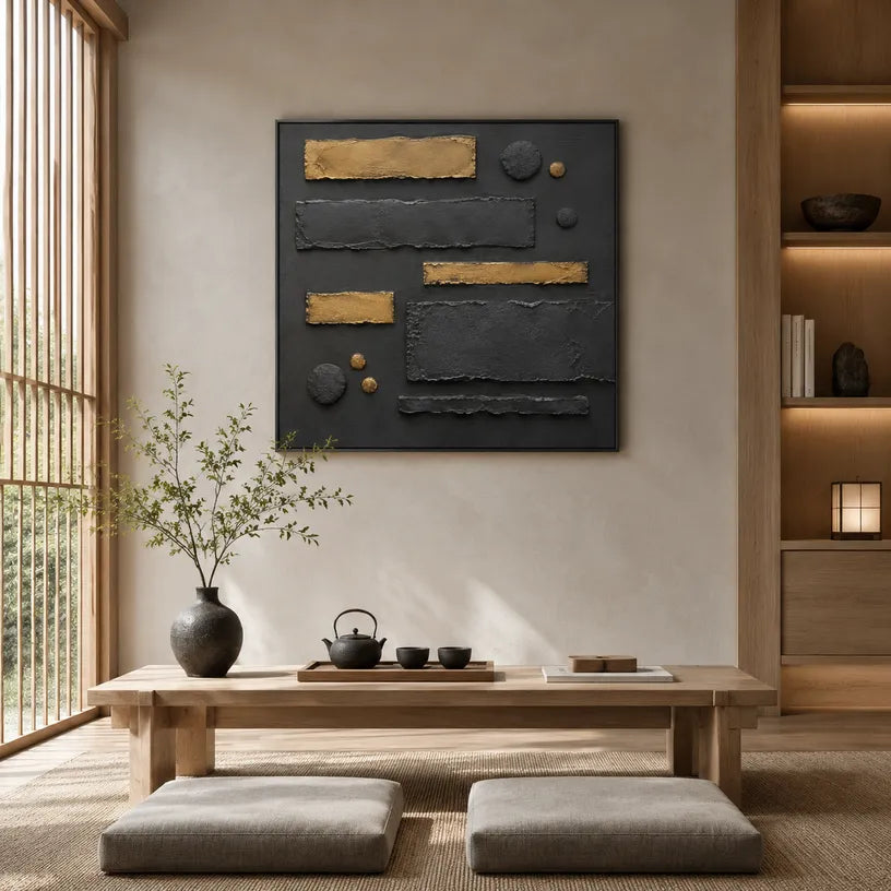 Wabi-Sabi abstract oil painting showing layered abstract marks, texture and expressive painterly movement in a black palette.