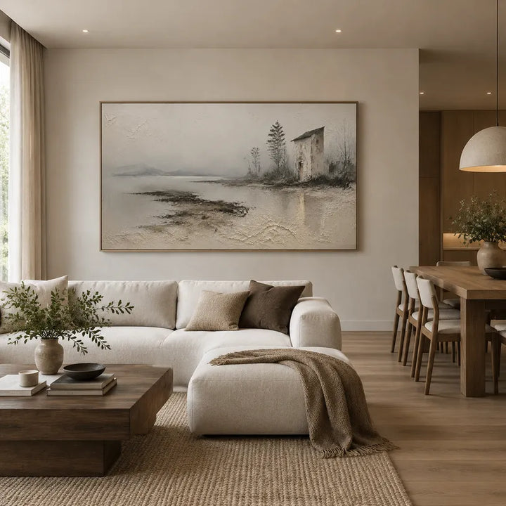 Pittura a olio di paesaggi Wabi-Sabi, paesaggi marini e paesaggi urbani con un paesaggio atmosferico, un paesaggio marino o una composizione ispirata alla città in una tavolozza di grigi.
