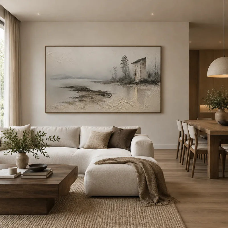 Peinture à l'huile de paysages, de marines et de paysages urbains Wabi-Sabi présentant un paysage atmosphérique, un paysage marin ou une composition inspirée de la ville dans une palette de gris.