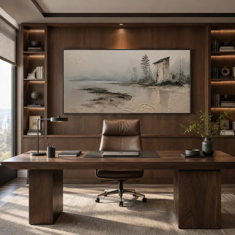 Wabi-Sabi abstract oil painting showing layered abstract marks, texture and expressive painterly movement in a brown palette.