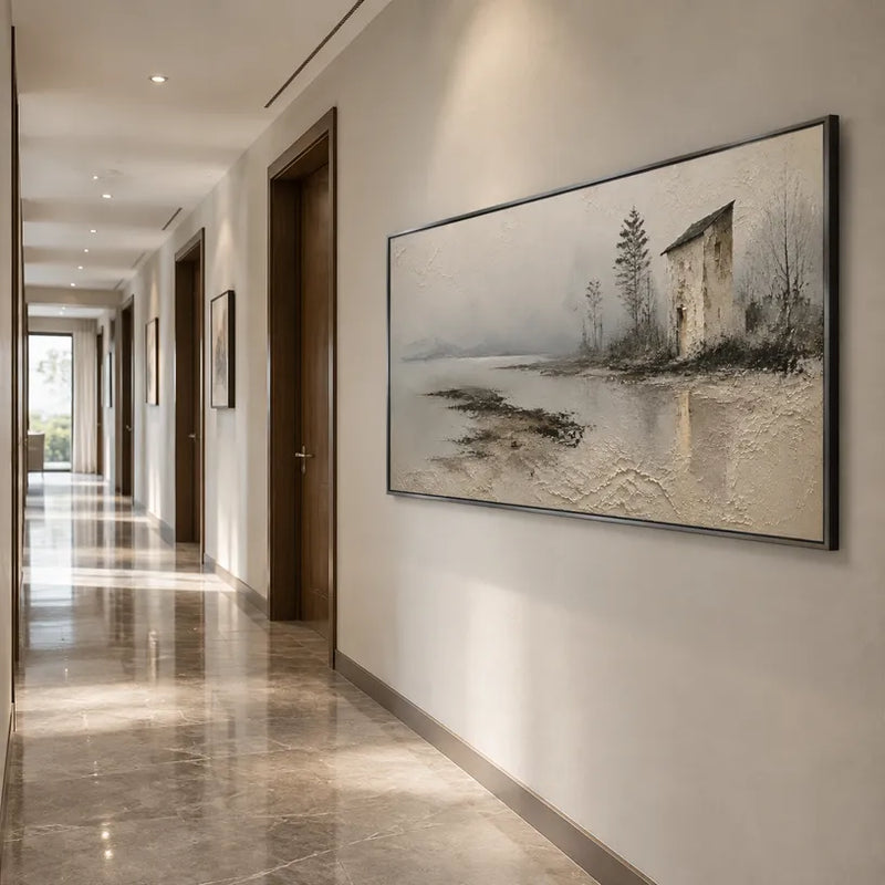 Peinture à l'huile de paysages, de marines et de paysages urbains Wabi-Sabi présentant un paysage atmosphérique, un paysage marin ou une composition inspirée de la ville dans une palette de gris.