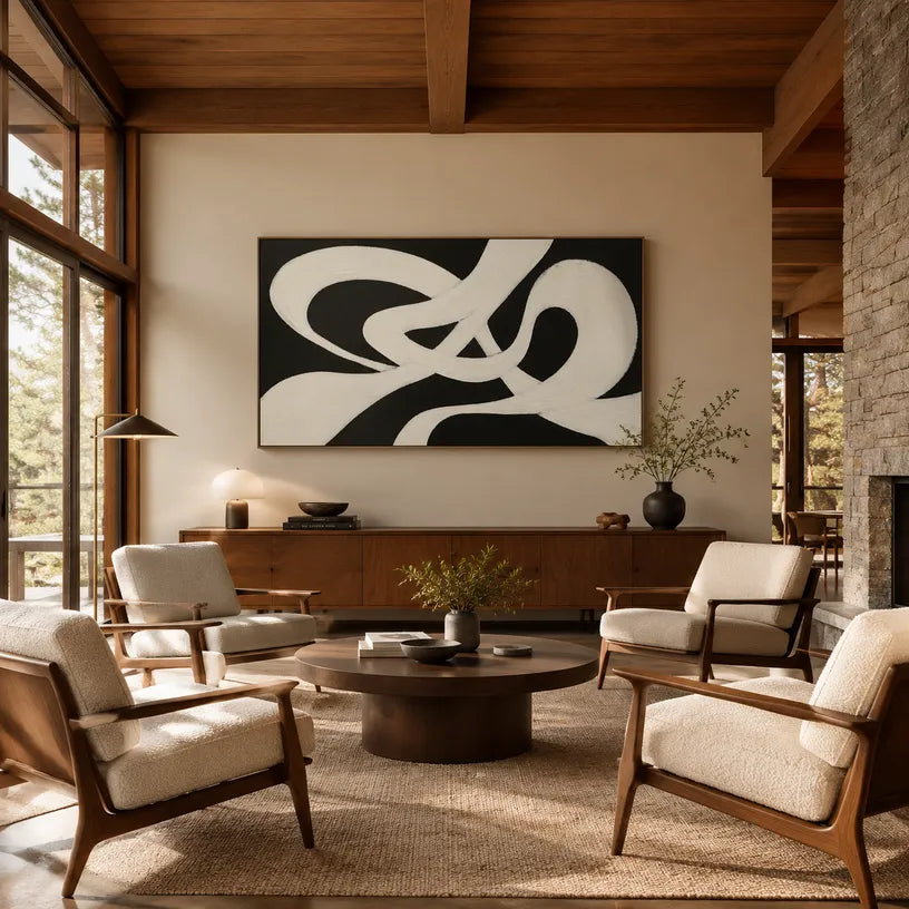 Wabi-Sabi abstract oil painting showing layered abstract marks, texture and expressive painterly movement in a black and white palette.