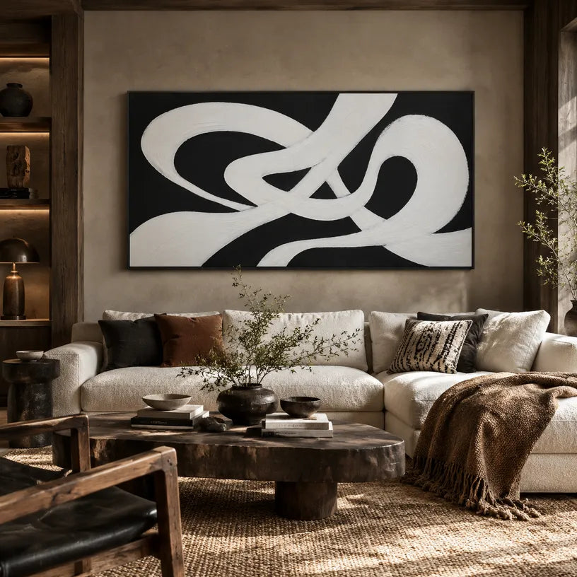 Wabi-Sabi abstract oil painting showing layered abstract marks, texture and expressive painterly movement in a black and white palette.