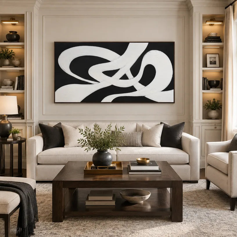 Wabi-Sabi abstract oil painting showing layered abstract marks, texture and expressive painterly movement in a black and white palette.