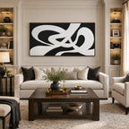 Wabi-Sabi abstract oil painting showing layered abstract marks, texture and expressive painterly movement in a black and white palette.