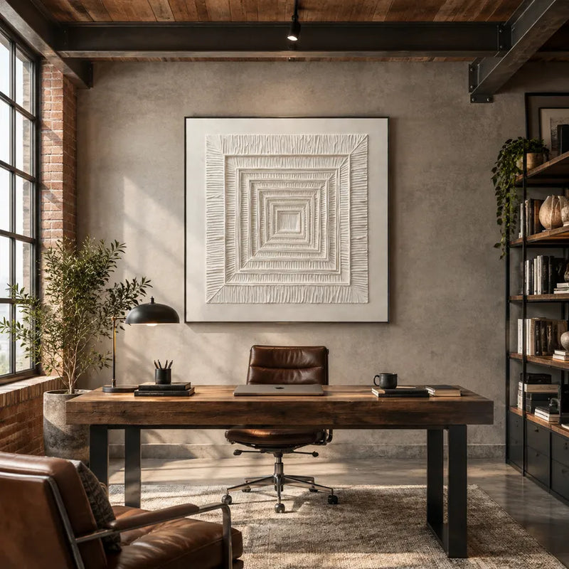Pittura a olio astratta e concettuale Wabi-Sabi con segni astratti stratificati, consistenza e movimento pittorico espressivo in una tavolozza in bianco e nero.