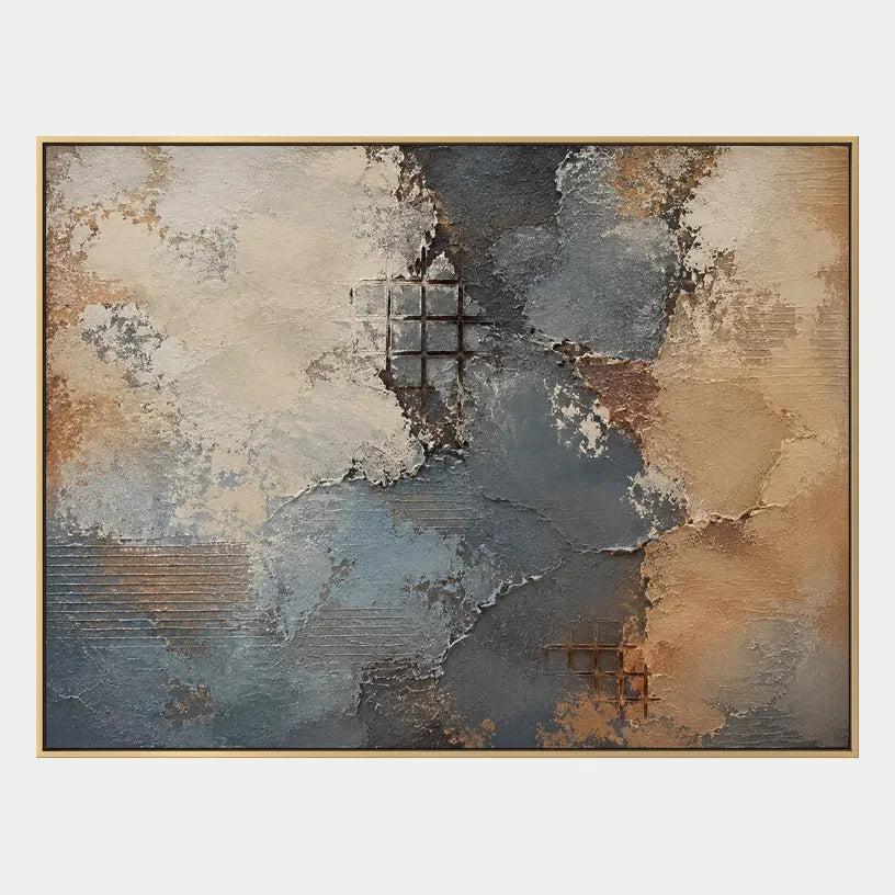 Wabi-Sabi abstract oil painting showing layered abstract marks, texture and expressive painterly movement in a brown palette.