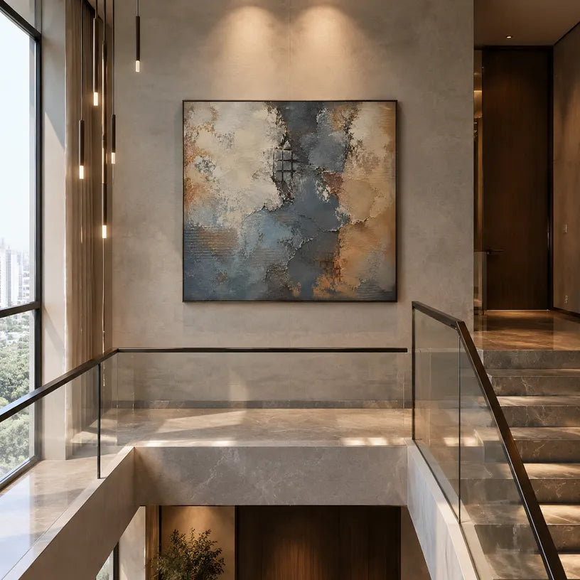 Wabi-Sabi abstract oil painting showing layered abstract marks, texture and expressive painterly movement in a brown palette.