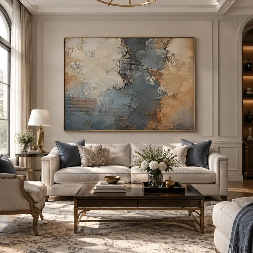 Wabi-Sabi abstract oil painting showing layered abstract marks, texture and expressive painterly movement in a brown palette.