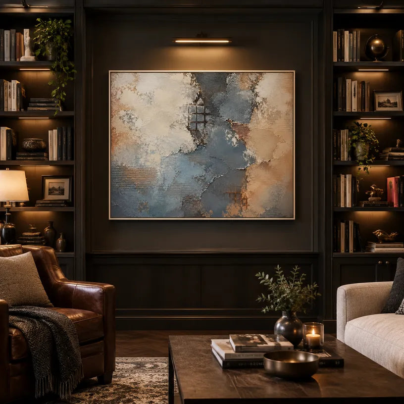 Wabi-Sabi abstract oil painting showing layered abstract marks, texture and expressive painterly movement in a brown palette.