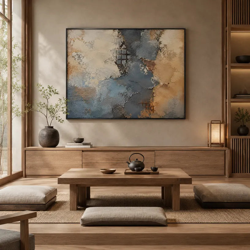 Wabi-Sabi abstract oil painting showing layered abstract marks, texture and expressive painterly movement in a brown palette.