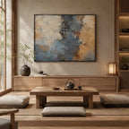 Wabi-Sabi abstract oil painting showing layered abstract marks, texture and expressive painterly movement in a brown palette.