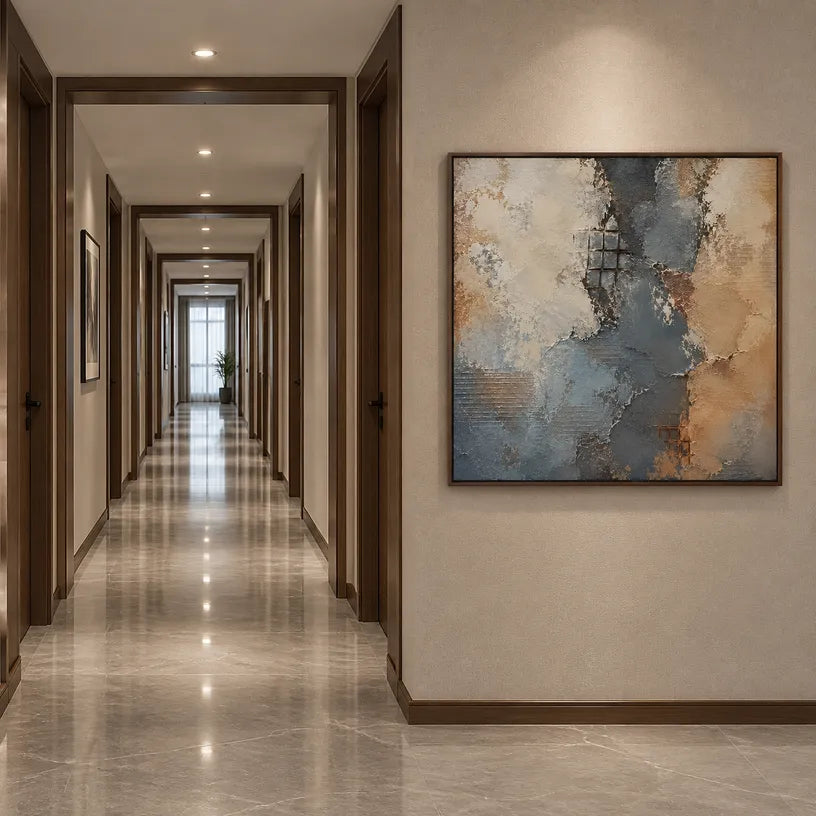 Wabi-Sabi abstract oil painting showing layered abstract marks, texture and expressive painterly movement in a brown palette.