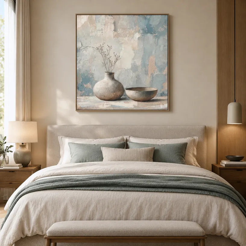 Wabi-Sabi abstract oil painting showing layered abstract marks, texture and expressive painterly movement in a grey palette.