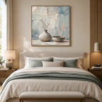 Wabi-Sabi abstract oil painting showing layered abstract marks, texture and expressive painterly movement in a grey palette.