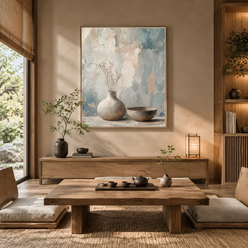 Wabi-Sabi abstract oil painting showing layered abstract marks, texture and expressive painterly movement in a grey palette.
