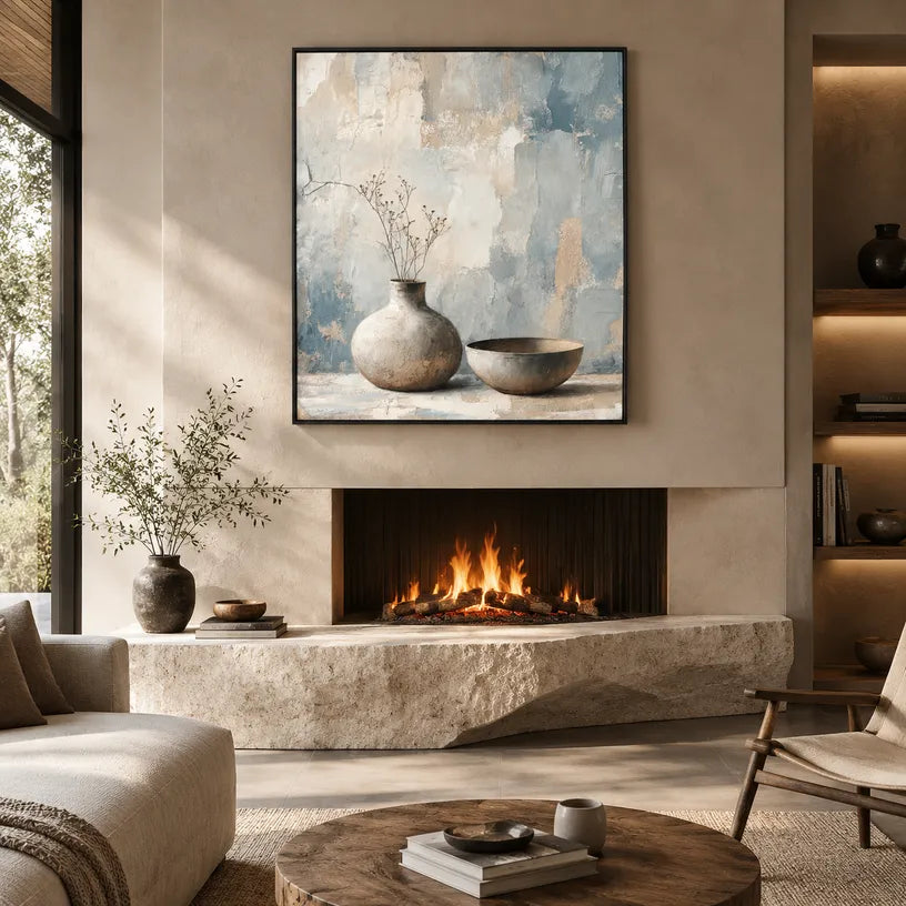 Wabi-Sabi abstract oil painting showing layered abstract marks, texture and expressive painterly movement in a grey palette.