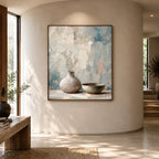 Wabi-Sabi abstract oil painting showing layered abstract marks, texture and expressive painterly movement in a grey palette.