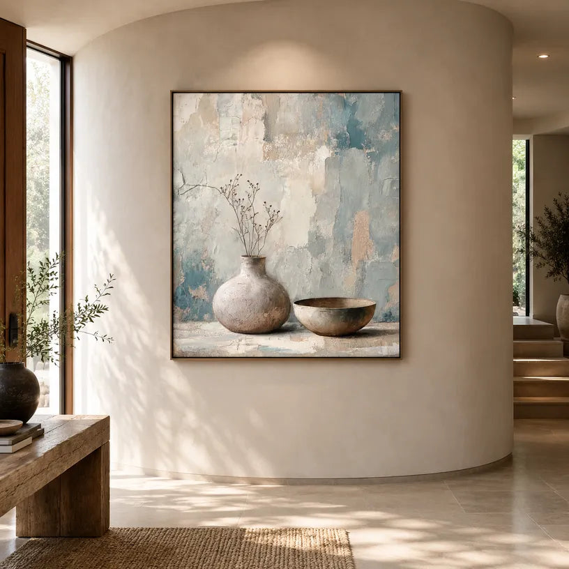Wabi-Sabi abstract oil painting showing layered abstract marks, texture and expressive painterly movement in a grey palette.