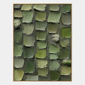 Peinture à l'huile abstraite et conceptuelle Wabi-Sabi présentant des marques abstraites superposées, une texture et un mouvement pictural expressif dans une palette verte.