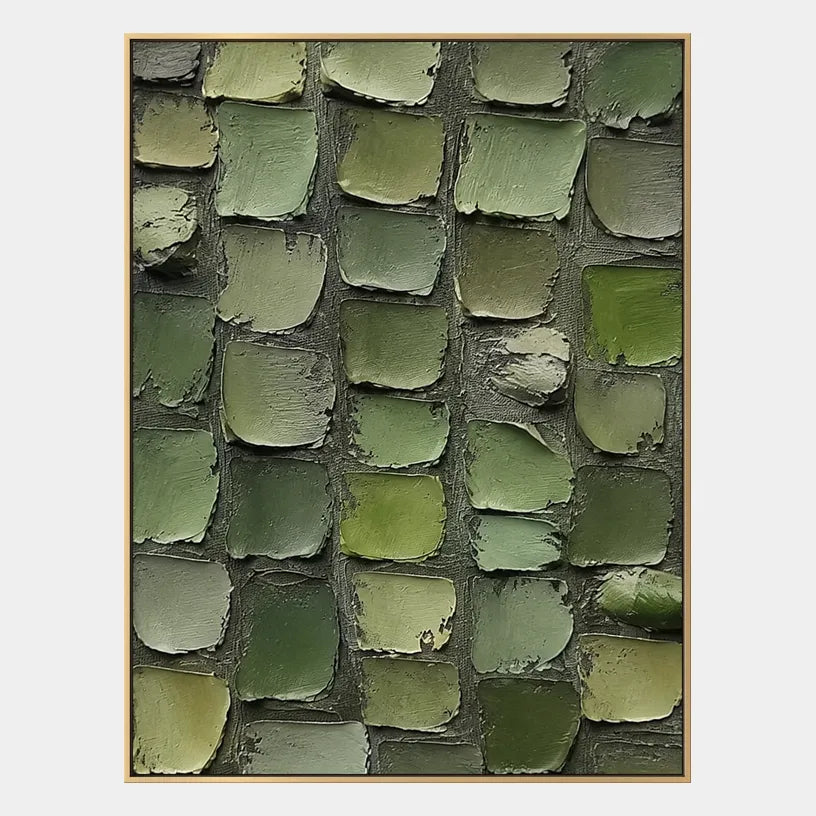 Wabi-Sabi abstract oil painting showing layered abstract marks, texture and expressive painterly movement in a green palette.