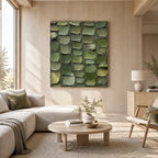 Wabi-Sabi abstract oil painting showing layered abstract marks, texture and expressive painterly movement in a green palette.