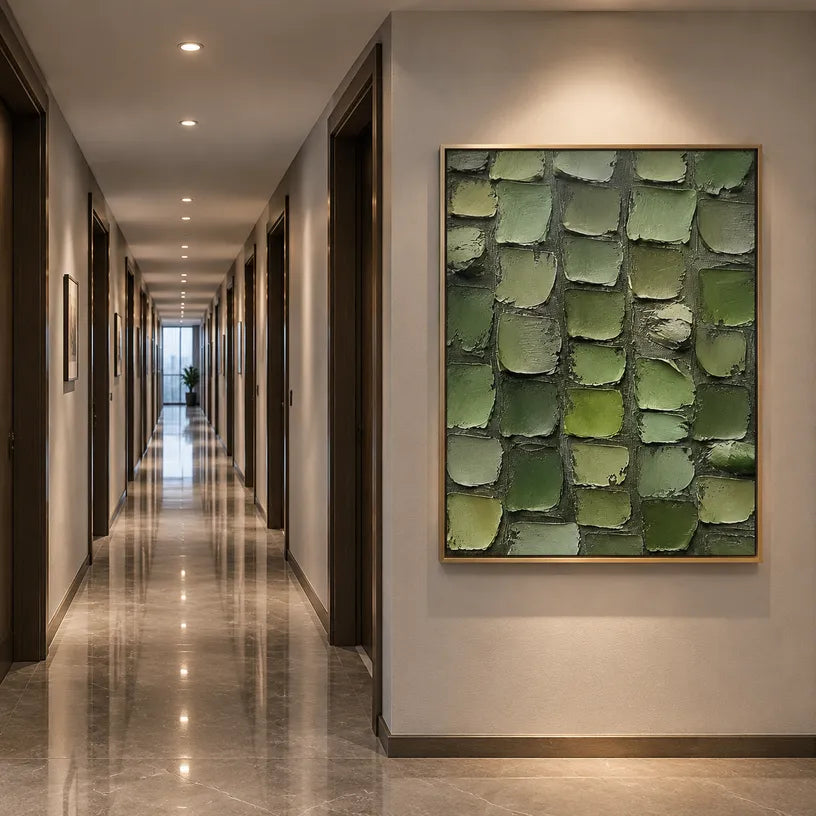 Wabi-Sabi abstract oil painting showing layered abstract marks, texture and expressive painterly movement in a green palette.