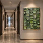 Wabi-Sabi abstract oil painting showing layered abstract marks, texture and expressive painterly movement in a green palette.