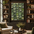 Wabi-Sabi abstract oil painting showing layered abstract marks, texture and expressive painterly movement in a green palette.