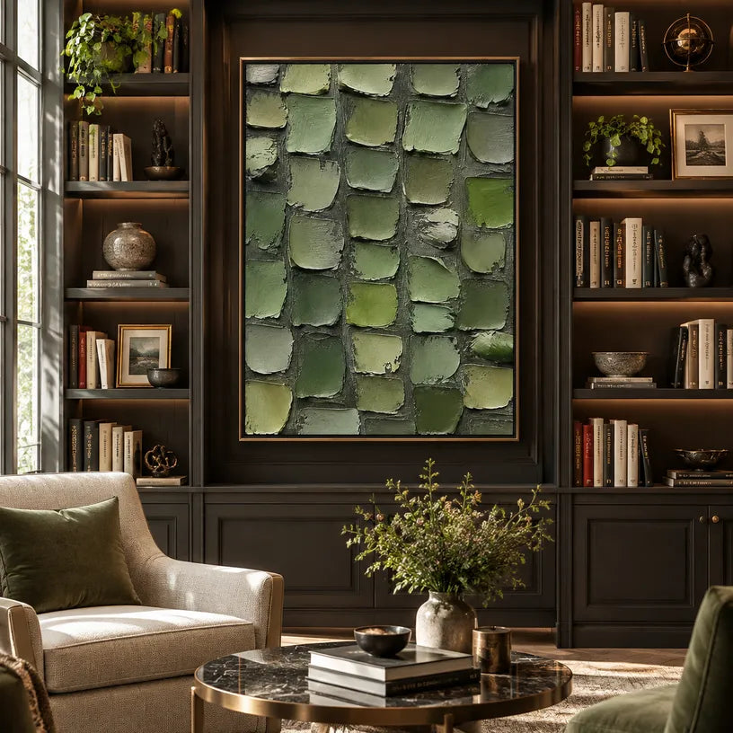 Wabi-Sabi abstract oil painting showing layered abstract marks, texture and expressive painterly movement in a green palette.