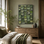 Wabi-Sabi abstract oil painting showing layered abstract marks, texture and expressive painterly movement in a green palette.