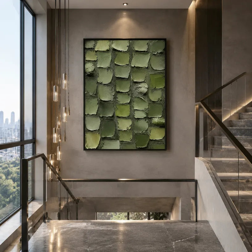 Wabi-Sabi abstract oil painting showing layered abstract marks, texture and expressive painterly movement in a green palette.
