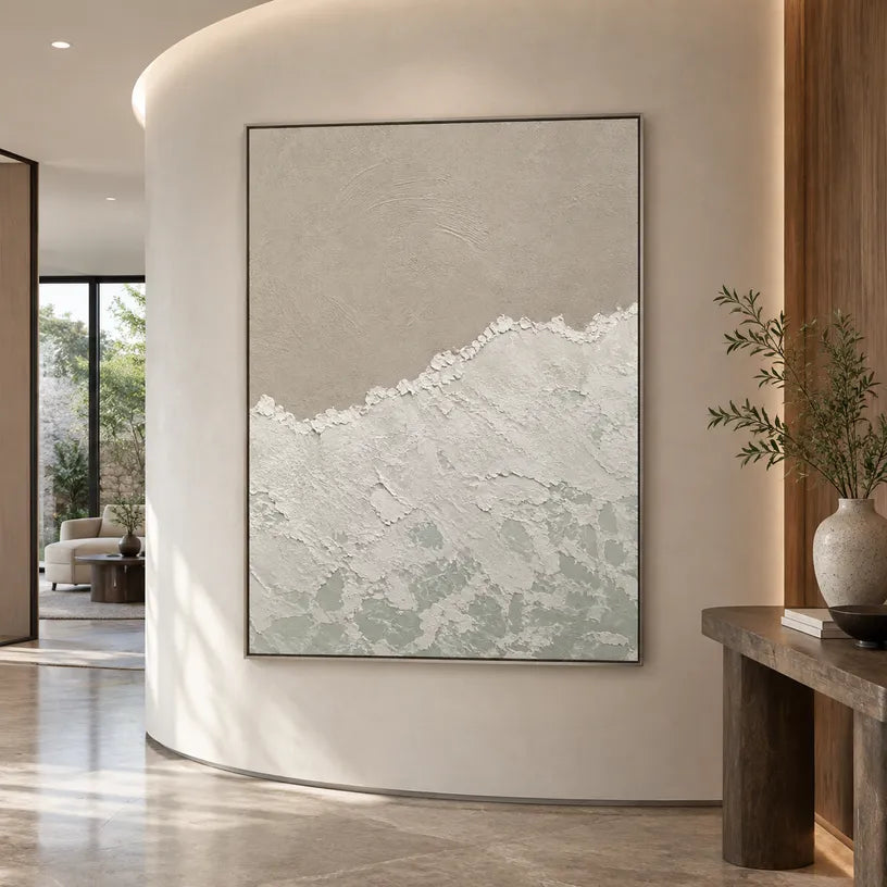 Wabi-Sabi abstract oil painting showing layered abstract marks, texture and expressive painterly movement in a grey palette.