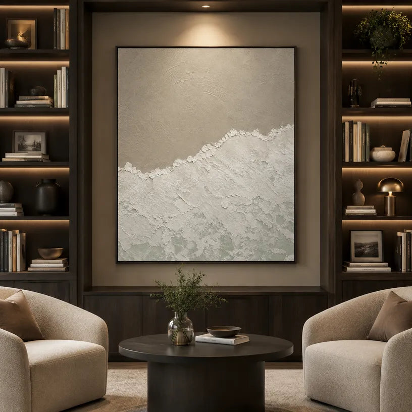 Wabi-Sabi abstract oil painting showing layered abstract marks, texture and expressive painterly movement in a grey palette.