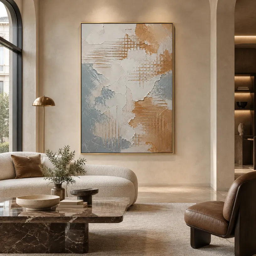 Wabi-Sabi abstract oil painting showing layered abstract marks, texture and expressive painterly movement in a grey palette.