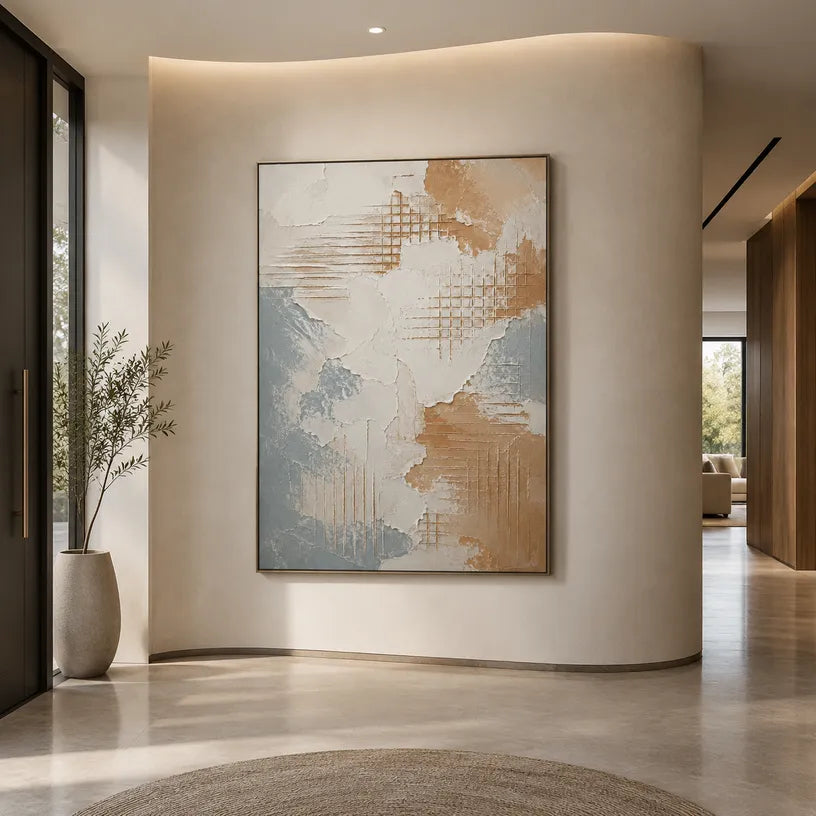 Wabi-Sabi abstract oil painting showing layered abstract marks, texture and expressive painterly movement in a grey palette.