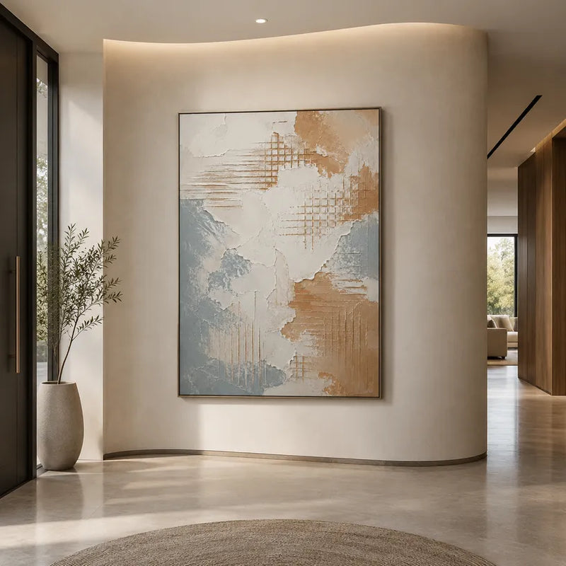 Peinture à l'huile abstraite et conceptuelle Wabi-Sabi présentant des marques abstraites superposées, une texture et un mouvement pictural expressif dans une palette beige.