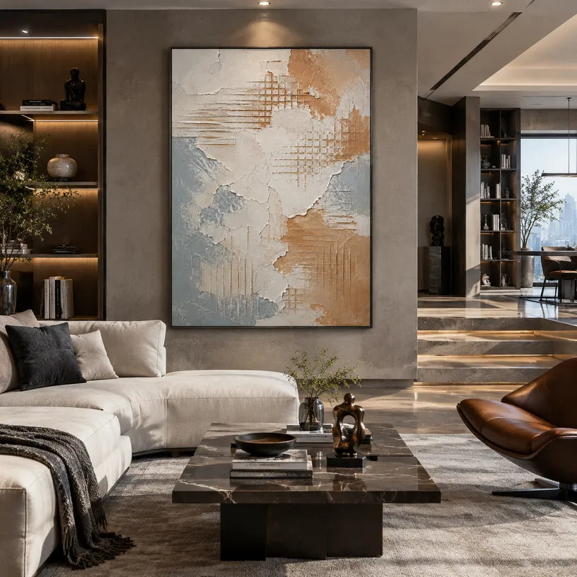 Wabi-Sabi abstract oil painting showing layered abstract marks, texture and expressive painterly movement in a grey palette.